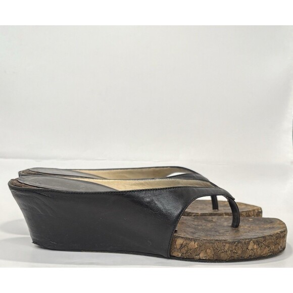 Christian Louboutin Black Leather & Cork Thong Wedge Sandals Sz Eu 36.5 6.5 - Picture 1 of 11
